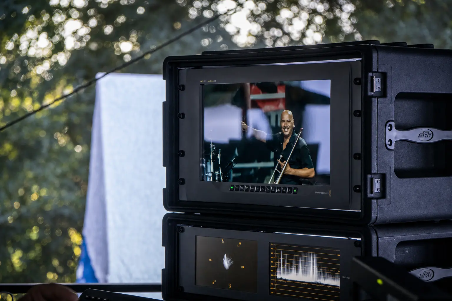Monitor in a mobile Studio4x control room showing live video and technical picture monitoring during a concert