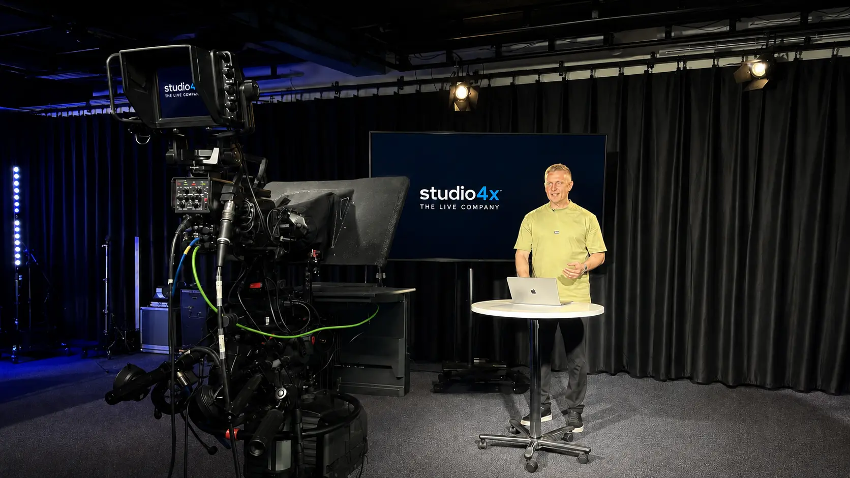 Studio4x production with a broadcast camera, teleprompter, studio lighting and technical support