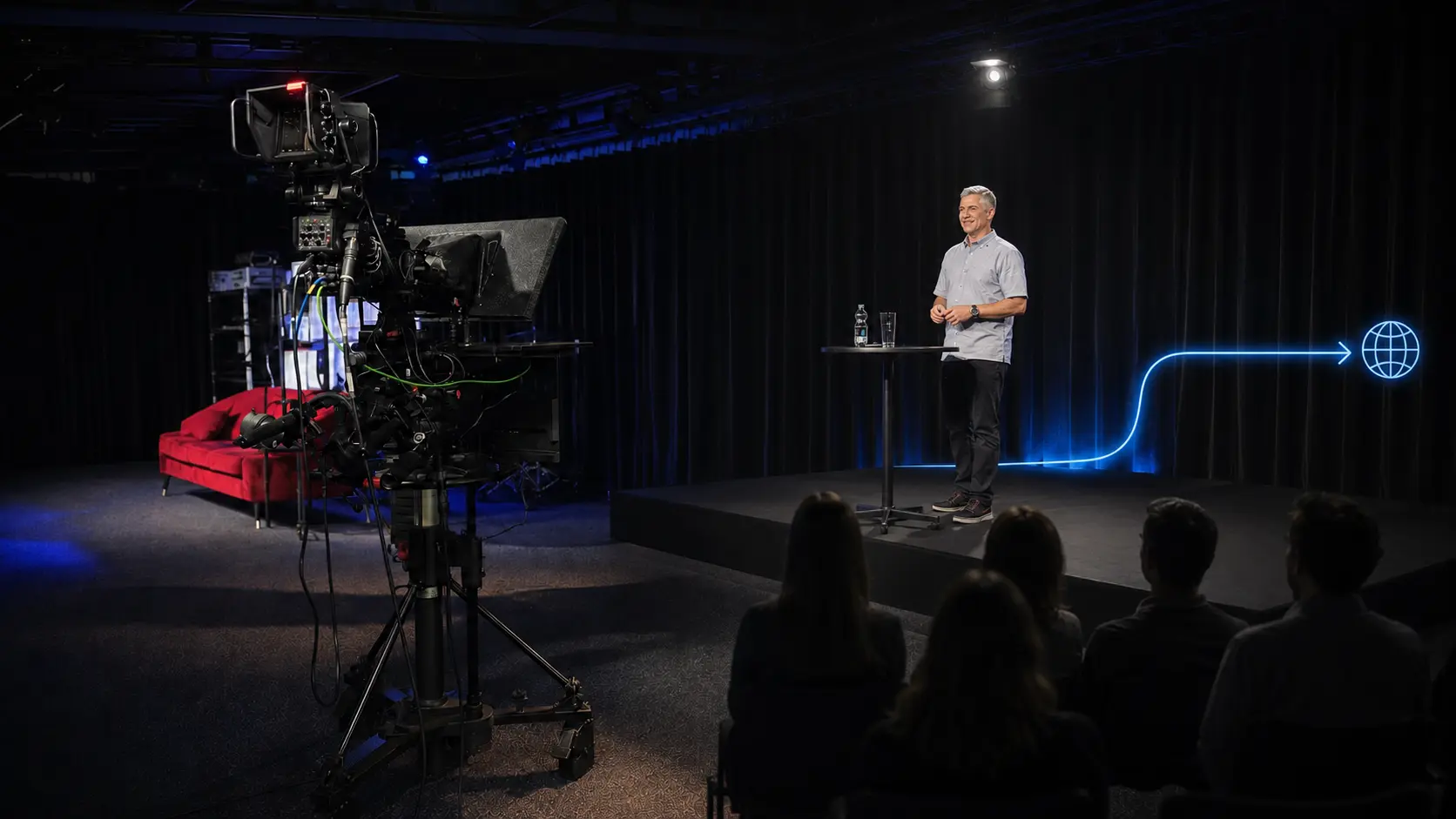 Hybrid Studio4x illustration of a realistic corporate live production with a broadcast camera, teleprompter, speaker and connected remote locations