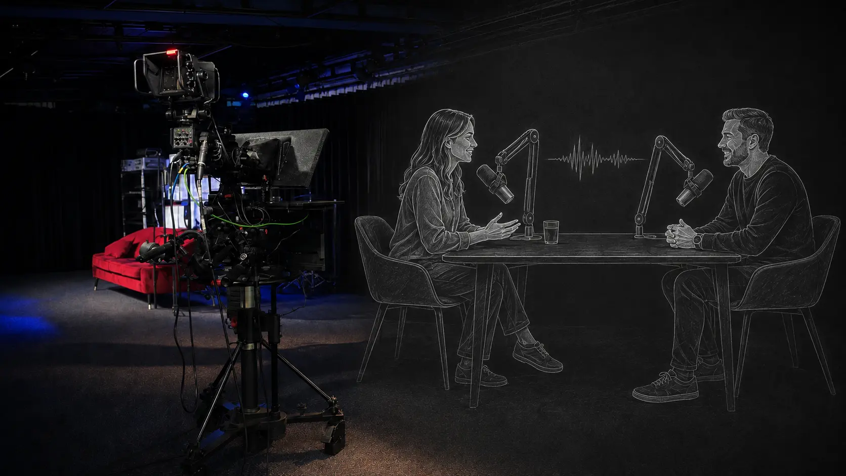 Hybrid Studio4x illustration of a realistic video podcast set with microphones, cameras, guests and a subtle on-air signal