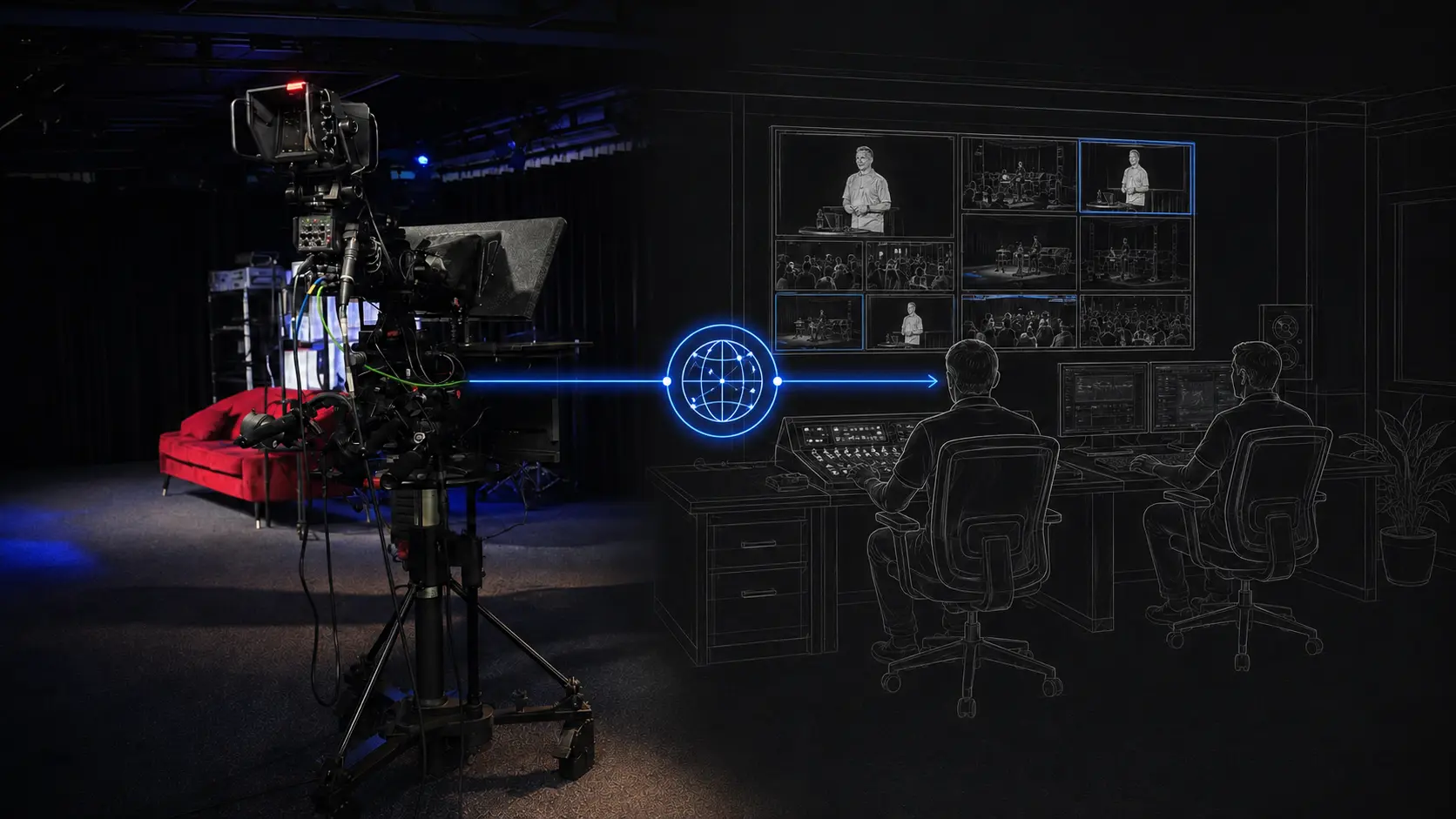 Hybrid Studio4x illustration of a REMI production with a realistic on-site camera system, a secure internet connection and remote broadcast control