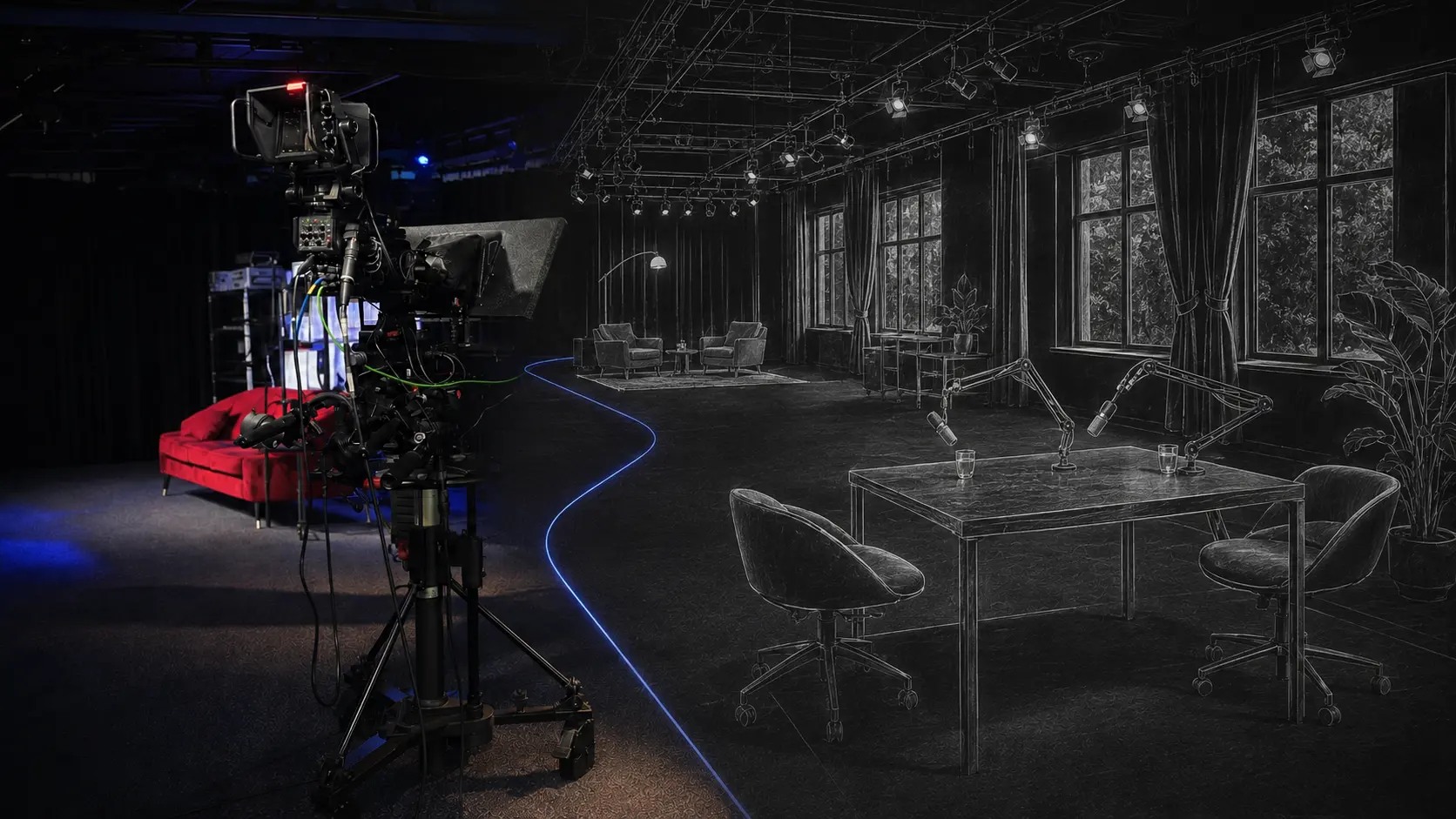 Hybrid Studio4x illustration of flexible studio spaces in Braunschweig with a realistic broadcast camera system, podcast set, lighting and adaptable space