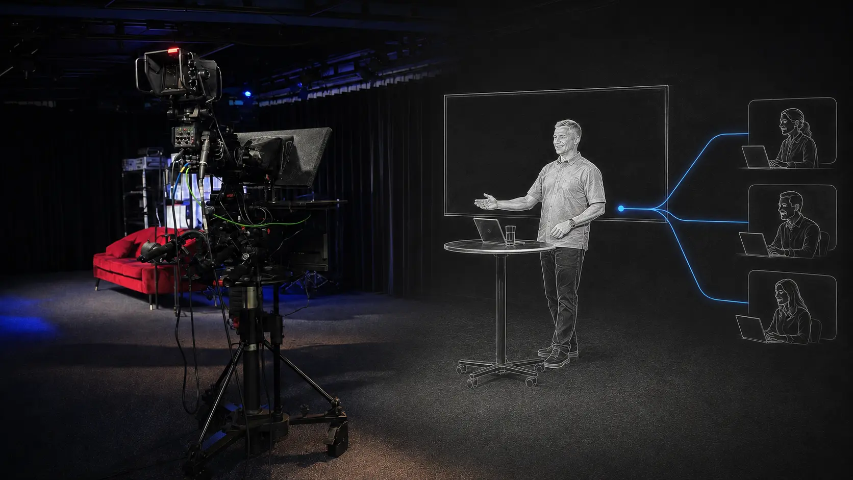 Hybrid Studio4x illustration of a professional webinar production with a speaker, presentation, remote guest, studio camera and teleprompter